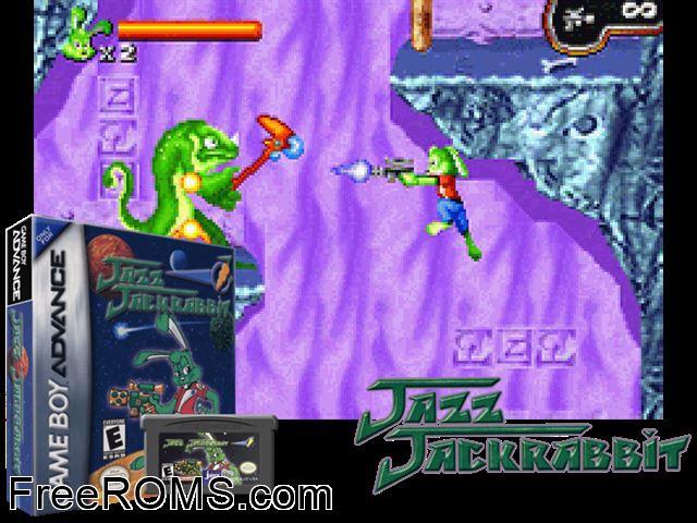 Jazz Jackrabbit Gameboy Advance game showing 3D box cover and gameplay screenshot
